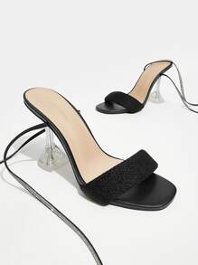 Women Rhinestone Decor Pyramid Heeled Strappy Sandals, Glamorous Summer Heeled Sandals