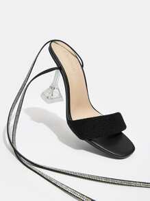 Women Rhinestone Decor Pyramid Heeled Strappy Sandals, Glamorous Summer Heeled Sandals