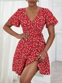 Breezaya Ditsy Floral Wrap Tie Side Dress - Red and White - View 1