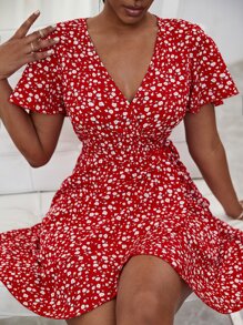 Breezaya Ditsy Floral Wrap Tie Side Dress - Red and White - View 4