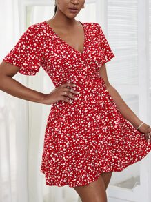 Breezaya Ditsy Floral Wrap Tie Side Dress - Red and White - View 5