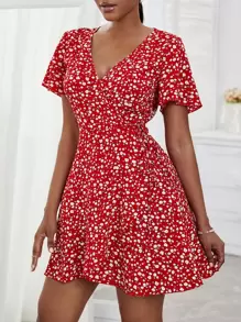 Breezaya Ditsy Floral Wrap Tie Side Dress - Red and White - View 6