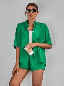 Chiquease Button Through Drop Shoulder Shirt & Drawstring Waist Shorts - Green - View 1