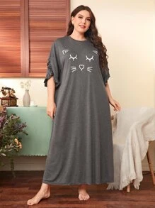 SHEIN Unity Plus Cartoon Graphic Ruffle Trim Petal Sleeve Sleep Dress, Moo Moo Sleep Dress - Dark Grey - View 2