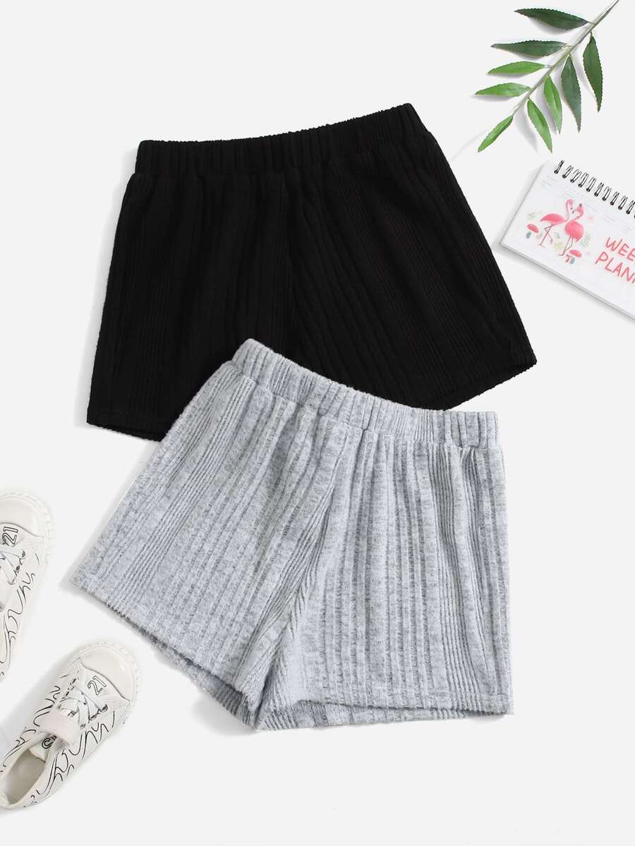 SHEIN Quần Short Gái Gân đan màu trơn Giải trí - Nhiều màu - Xem 1