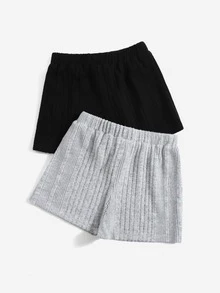 SHEIN Quần Short Gái Gân đan màu trơn Giải trí - Nhiều màu - Xem 2