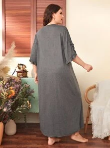 SHEIN Unity Plus Cartoon Graphic Ruffle Trim Petal Sleeve Sleep Dress, Moo Moo Sleep Dress - Dark Grey - View 3