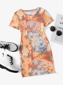 SHEIN Đầm Gái Lá thư Cà vạt nhuộm Ăn mặc đẹp - Nhiều màu - Xem 1