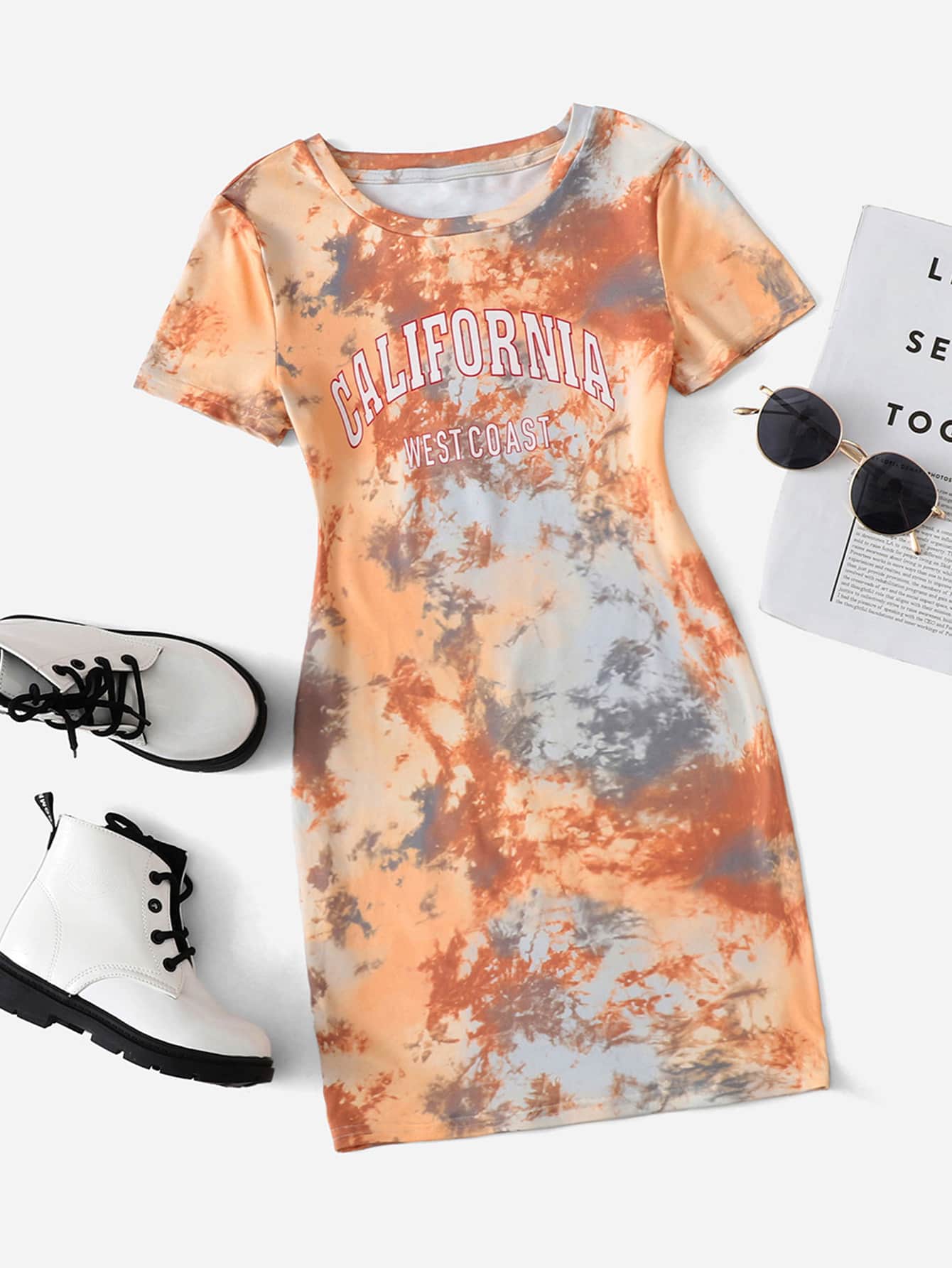 SHEIN Đầm Gái Lá thư Cà vạt nhuộm Ăn mặc đẹp - Nhiều màu - Xem 1