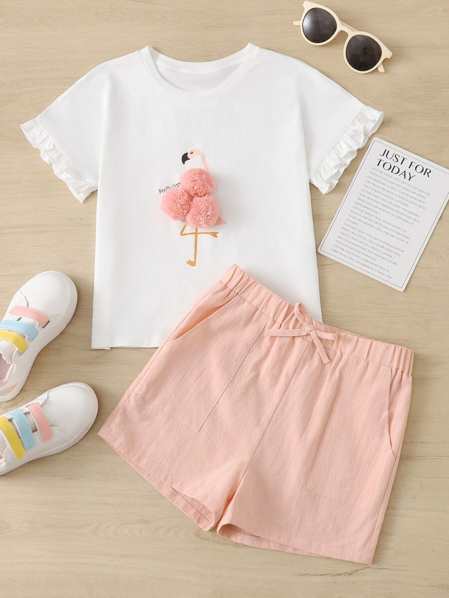 Bộ hai mảnh Gái Thắt nút Túi POM Pom Xù Chim hồng hạc Giải trí - Nhiều màu - Xem 1