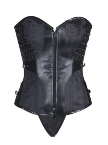 Gothic Mixed Media Studded Lace Up Back Shapewear Top With Thong