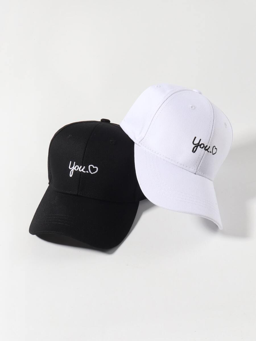 2 piezas Gorra de béisbol pareja con corazón & con bordado de letra - Blanco y Negro - Ver 1