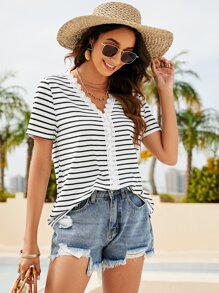 SHEIN Frenchy Striped Lace Panel Tee - Black and White - View 1