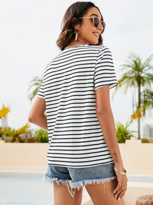 SHEIN Frenchy Striped Lace Panel Tee - Black and White - View 2
