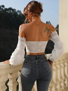 Firerie Lace Up Off The Shoulder Lace Detail Top - White - View 2