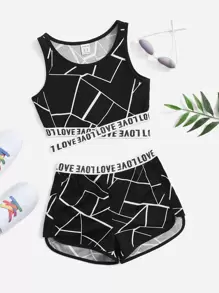 SHEIN Girls Letter Tape Contrast Binding Tank Top & Shorts Set - Black - View 1