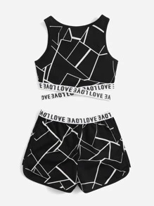 SHEIN Girls Letter Tape Contrast Binding Tank Top & Shorts Set - Black - View 2