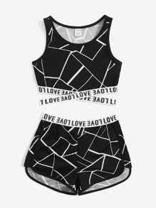 SHEIN Girls Letter Tape Contrast Binding Tank Top & Shorts Set - Black - View 4