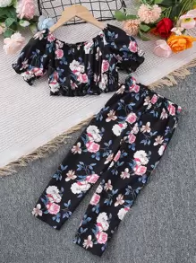 小女童印花荷葉袖上衣和褲子 - 彩色 - 查看 1