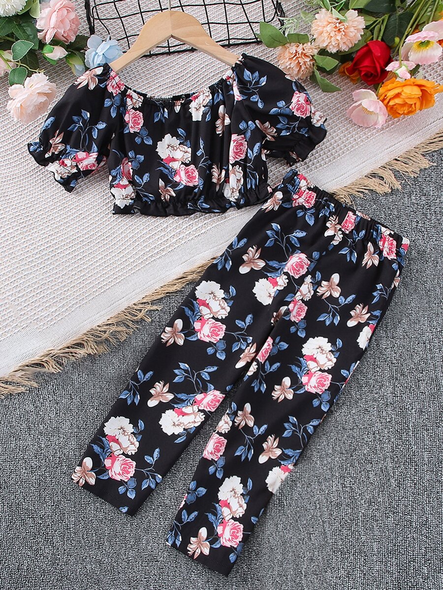 小女童印花荷葉袖上衣和褲子 - 彩色 - 查看 1