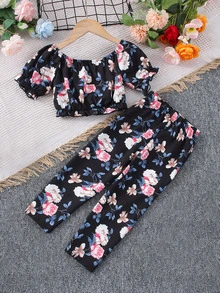 小女童印花荷葉袖上衣和褲子 - 彩色 - 查看 2