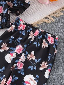 小女童印花荷葉袖上衣和褲子 - 彩色 - 查看 3