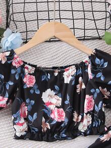 小女童印花荷葉袖上衣和褲子 - 彩色 - 查看 4