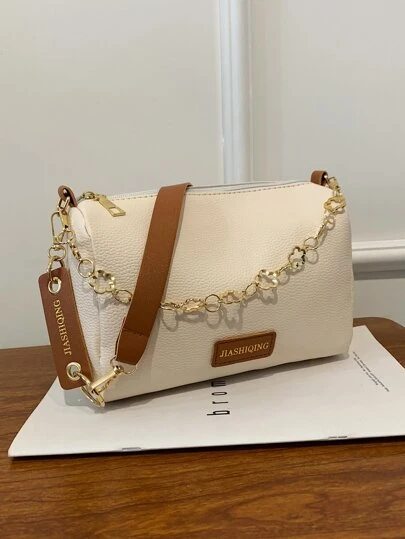 時尚仿皮鏈條裝飾帶字貼桶包,適用於女性、菜鳥和白領工人,適用於女性、小姐、小姐、少女為商務/通勤/工作/辦公室,節日/度假/假日