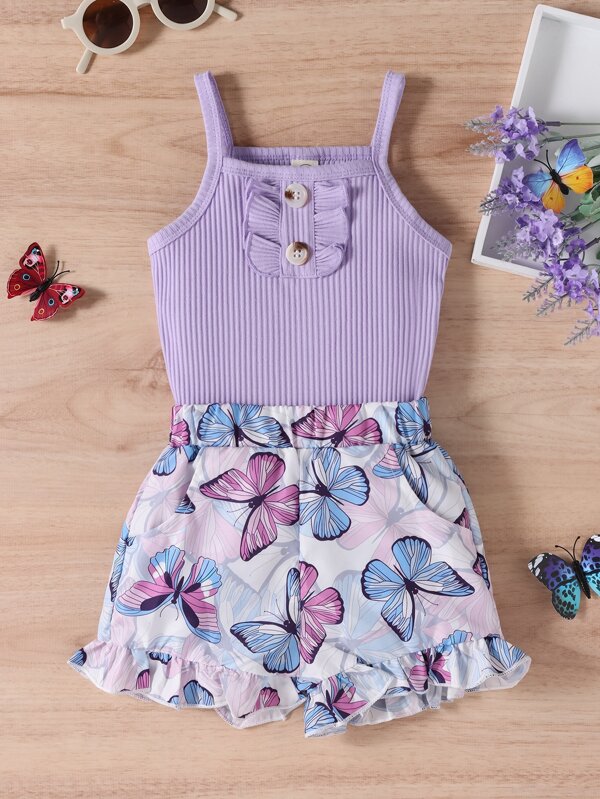 SHEIN Young Girl Frill Cami Top & Butterfly Print Ruffle Hem Shorts