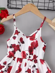 SHEIN Young Girl Floral Print Cami Dress - Red and White - View 3