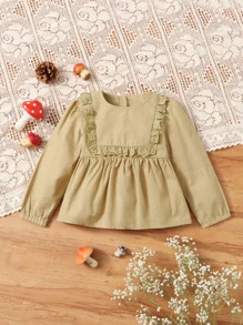 SHEIN 嬰兒網眼刺繡邊後鎖孔花邊下擺上衣 - 卡其色 - 查看 1