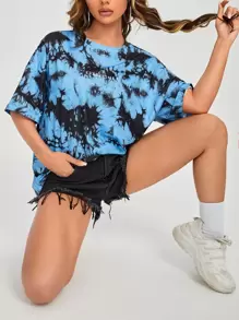 SHEIN EZwear 落肩字母圖案紮染T恤 - 彩色 - 查看 1