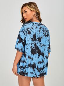 SHEIN EZwear 落肩字母圖案紮染T恤 - 彩色 - 查看 2