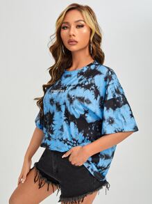 SHEIN EZwear 落肩字母圖案紮染T恤 - 彩色 - 查看 3