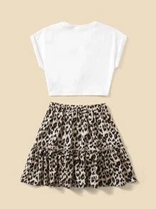SHEIN Leap Crew Niñas con estampado de corazón Camiseta & de leopardo bajo con fruncido Set falda - Multicolor - Ver 2