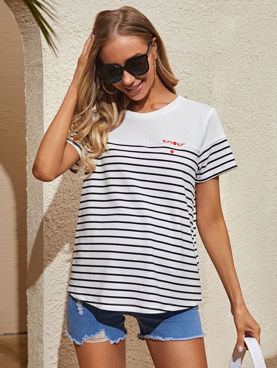 SHEIN Maternity Letter Embroidered Striped Tee - White - View 1