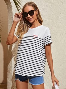 SHEIN Maternity Letter Embroidered Striped Tee - White - View 3