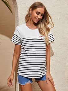 SHEIN Maternity Letter Embroidered Striped Tee - White - View 4