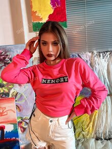 MEYSI KIM Letter Embroidery Drop Shoulder Lace Up Side Pullover
