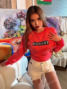 MEYSI KIM Letter Embroidery Drop Shoulder Lace Up Side Pullover