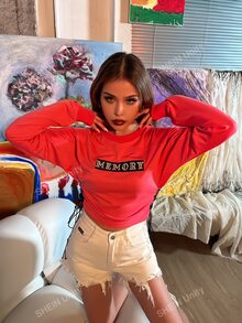 MEYSI KIM Letter Embroidery Drop Shoulder Lace Up Side Pullover