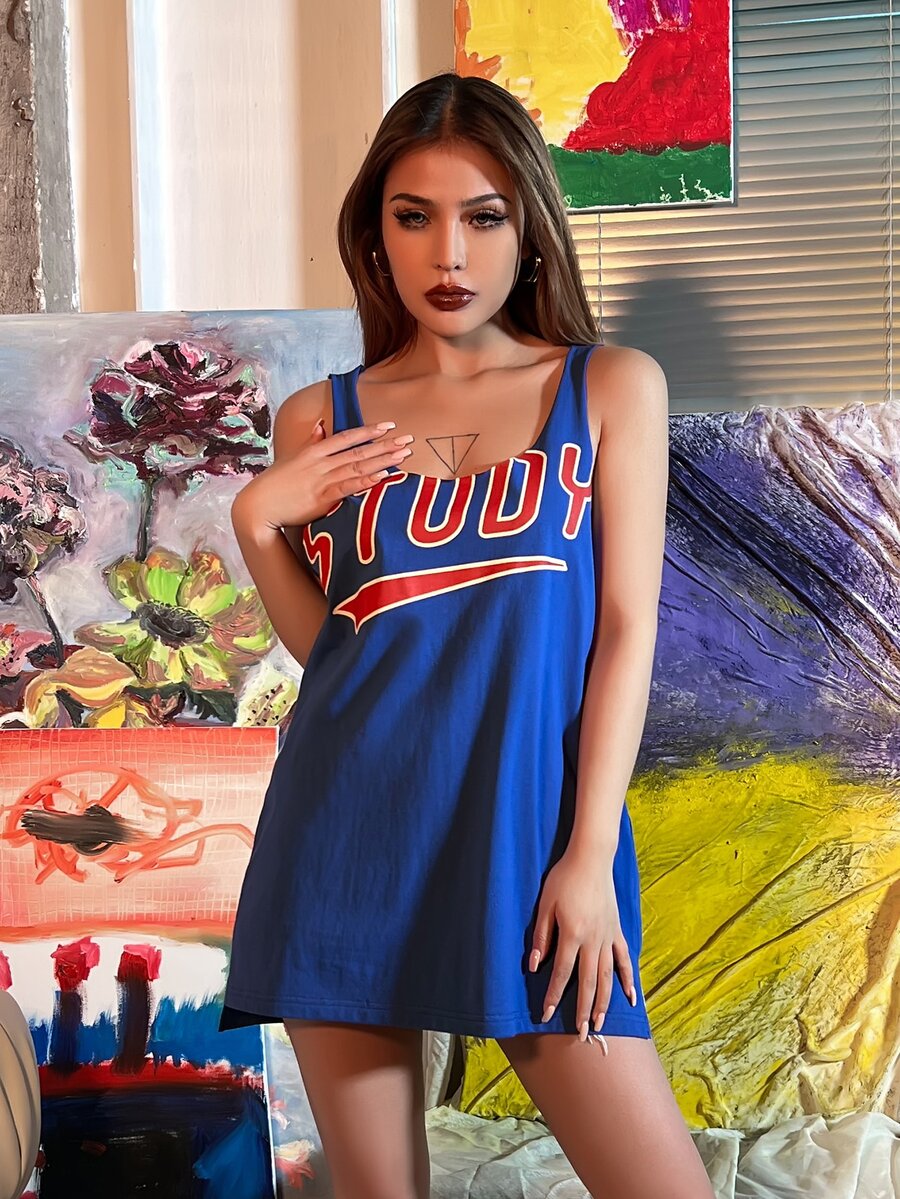 MEYSI KIM Áo hai dây Lá thư Giải trí - Màu xanh lam - Xem 1