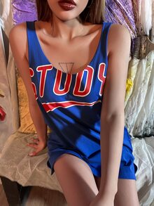 MEYSI KIM Áo hai dây Lá thư Giải trí - Màu xanh lam - Xem 7