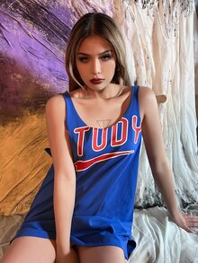 MEYSI KIM Áo hai dây Lá thư Giải trí - Màu xanh lam - Xem 4