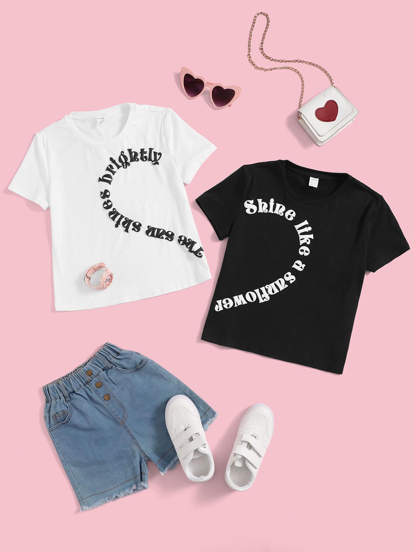 SHEIN Tween Girl 2pcs Slogan Graphic Tee - Black and White - View 1
