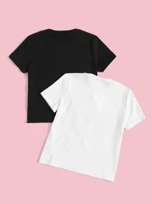 SHEIN Tween Girl 2pcs Slogan Graphic Tee - Black and White - View 2