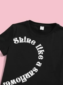 SHEIN Tween Girl 2pcs Slogan Graphic Tee - Black and White - View 3