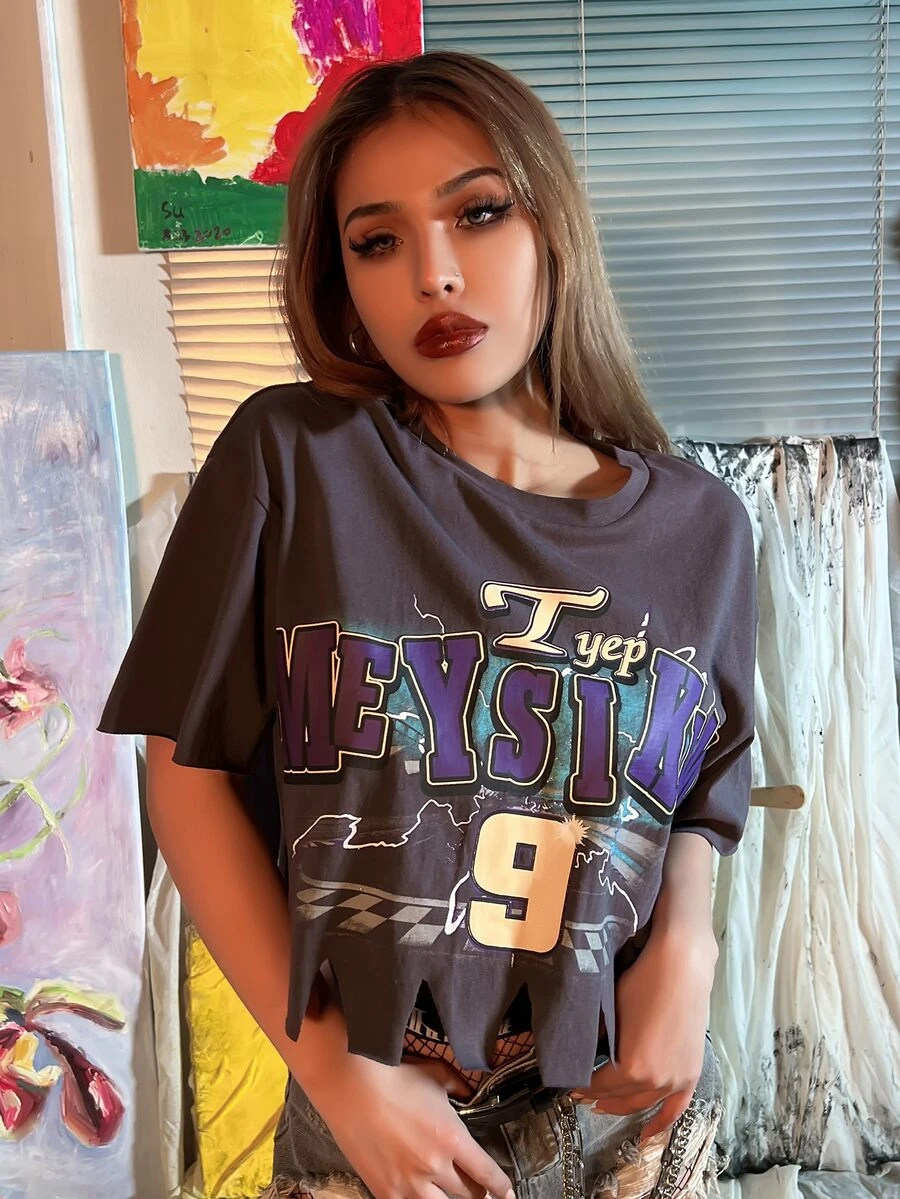 MEYSI KIM Áo thun nữ Lá thư Giải trí - Màu xám đen - Xem 1