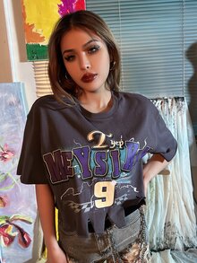 MEYSI KIM Áo thun nữ Lá thư Giải trí - Màu xám đen - Xem 4