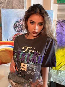 MEYSI KIM Áo thun nữ Lá thư Giải trí - Màu xám đen - Xem 6